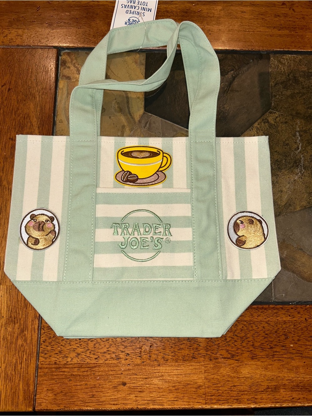 Upcycled Trader Joe's Coffee & Capybara Green Stripe Canvas Tote